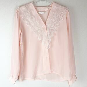 Vintage Blouse Womens Large Pink Coquette Lace Cottage Prairie Pastel Button Up